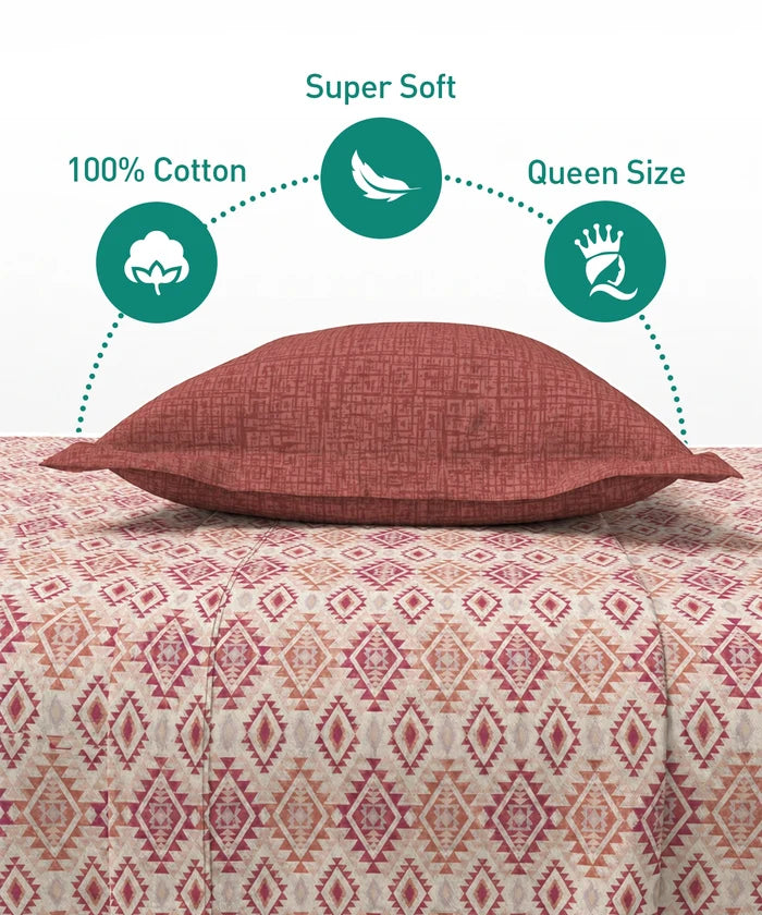 Urban Comfort Queen Bedsheet Set, Aria Red |144 TC Cotton| 2 Pillow Covers