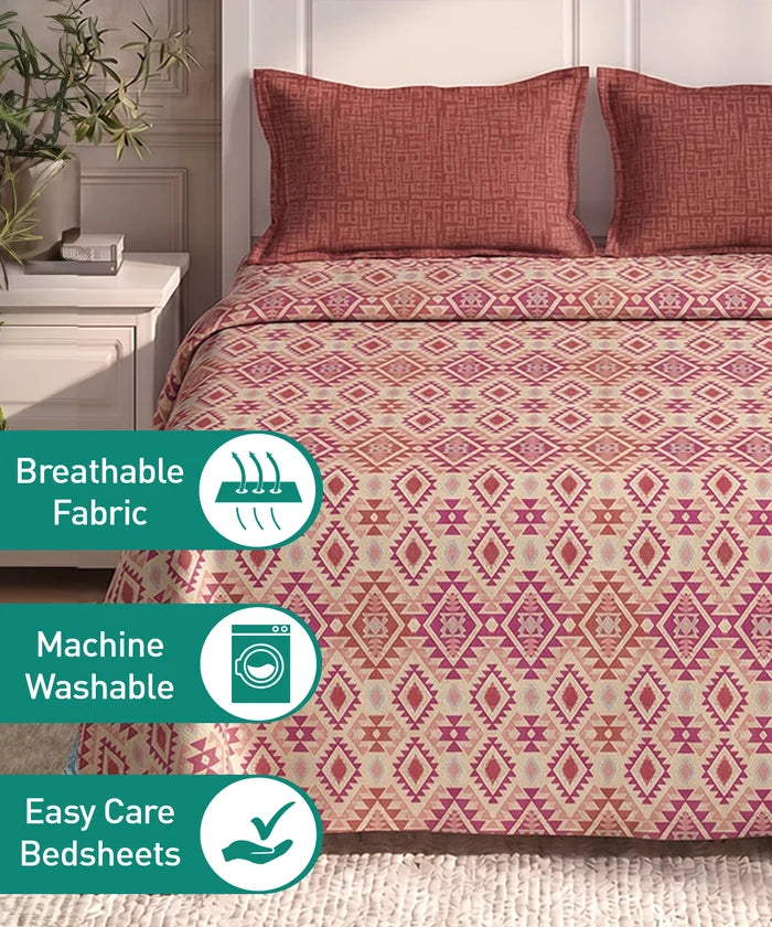 Urban Comfort Queen Bedsheet Set, Aria Red |144 TC Cotton| 2 Pillow Covers