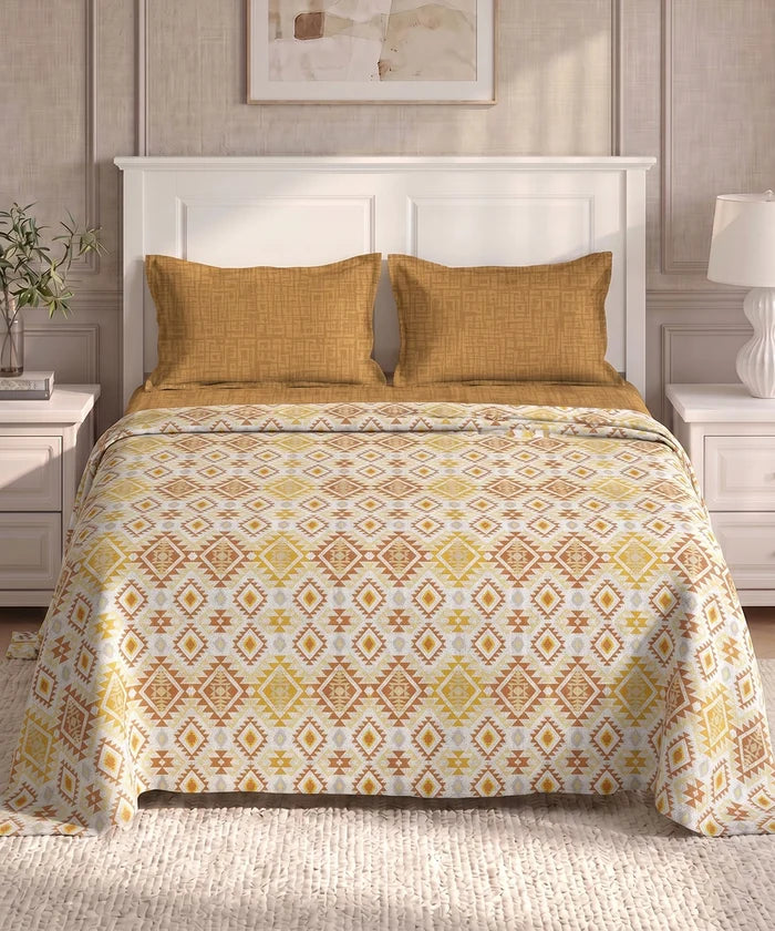 Urban Comfort Queen Bedsheet Set, Aria Yellow |144 TC Cotton| 2 Pillow Covers