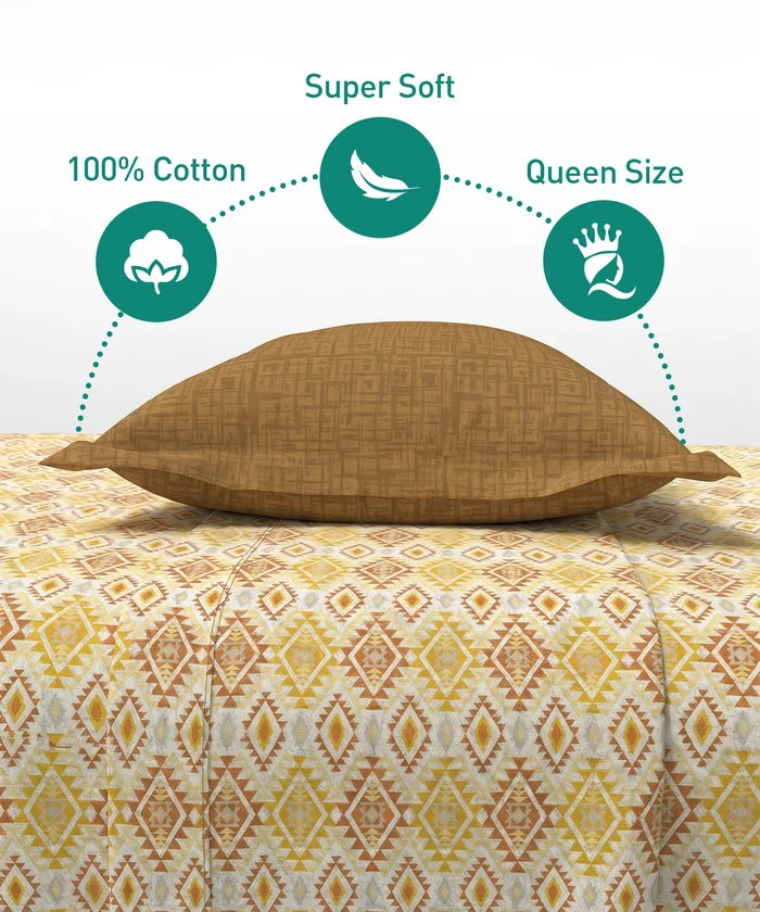 Urban Comfort Queen Bedsheet Set, Aria Yellow |144 TC Cotton| 2 Pillow Covers