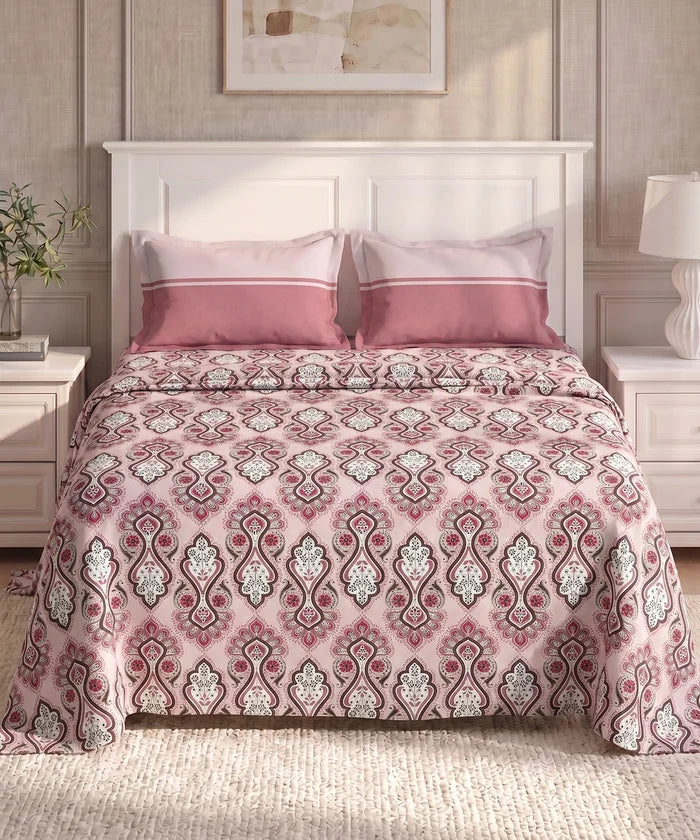 Urban Comfort Queen Bedsheet Set, Delicate Blush |144 TC Cotton| 2 Pillow Covers