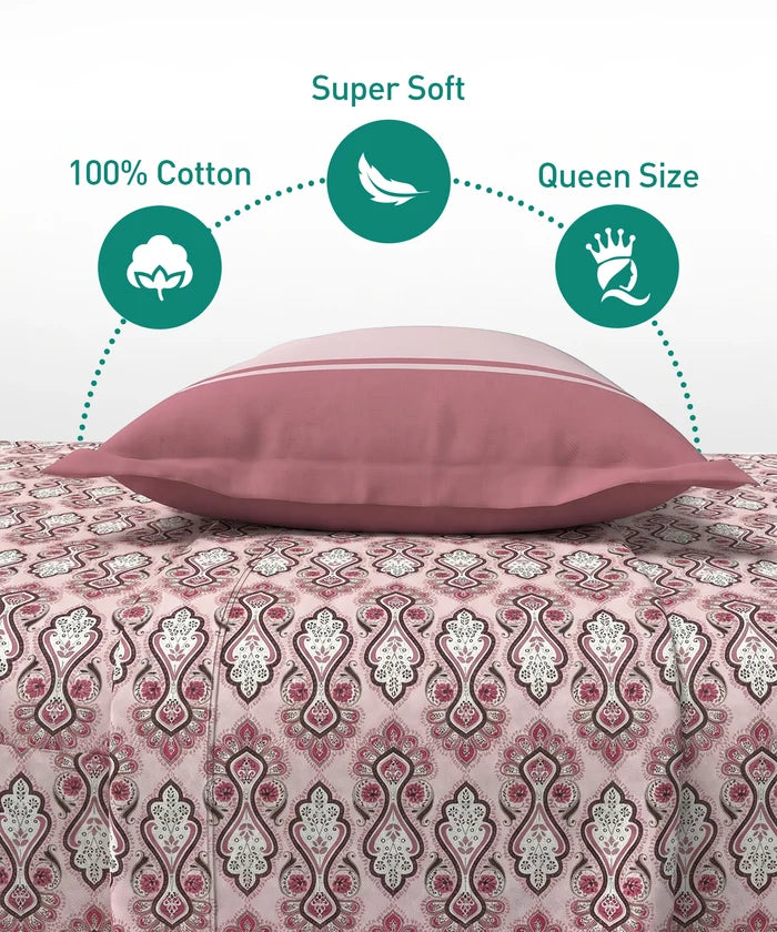Urban Comfort Queen Bedsheet Set, Delicate Blush |144 TC Cotton| 2 Pillow Covers