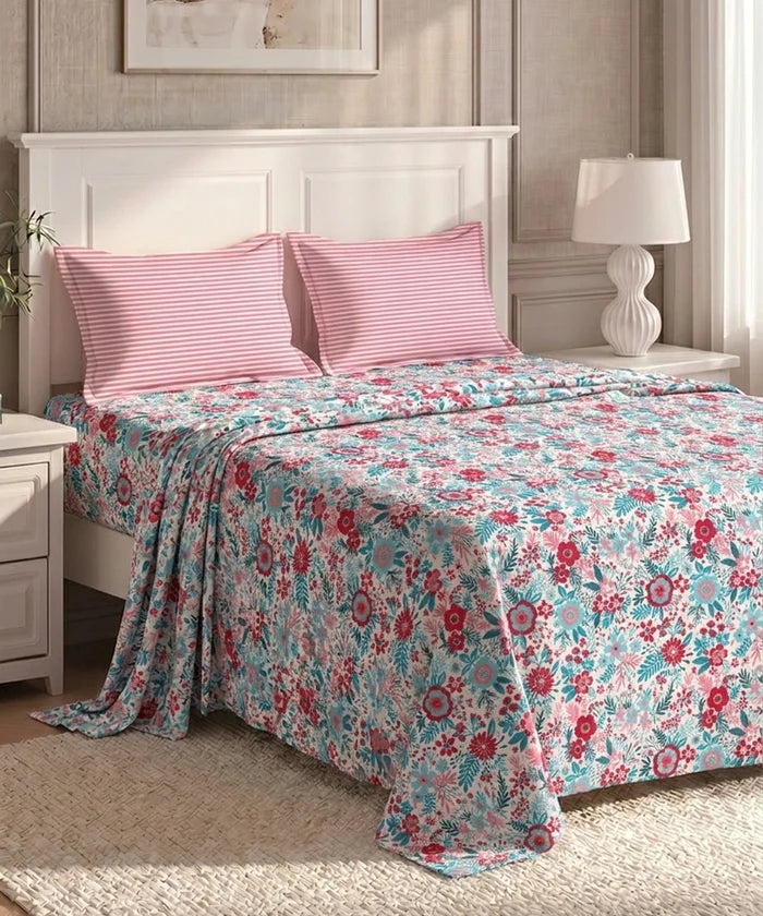 Urban Comfort Queen Bedsheet Set, Gardenia Blooms Pink|144 TC Cotton| 2 Pillow Covers