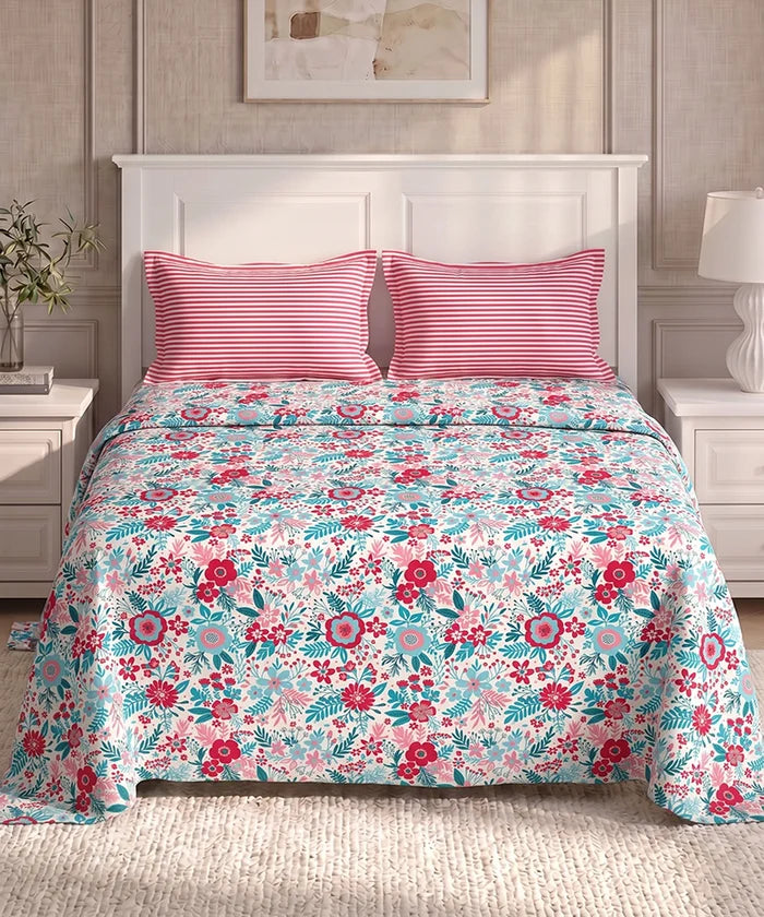 Urban Comfort Queen Bedsheet Set, Gardenia Blooms Pink|144 TC Cotton| 2 Pillow Covers