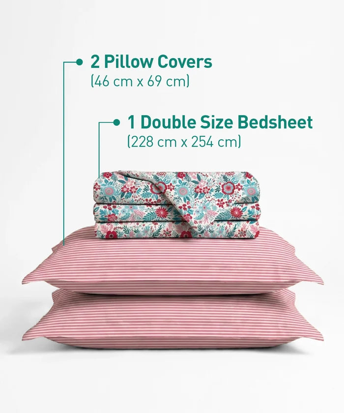Urban Comfort Queen Bedsheet Set, Gardenia Blooms Pink|144 TC Cotton| 2 Pillow Covers