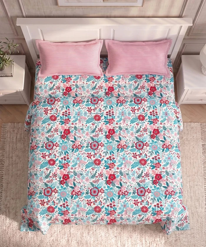 Urban Comfort Queen Bedsheet Set, Gardenia Blooms Pink|144 TC Cotton| 2 Pillow Covers