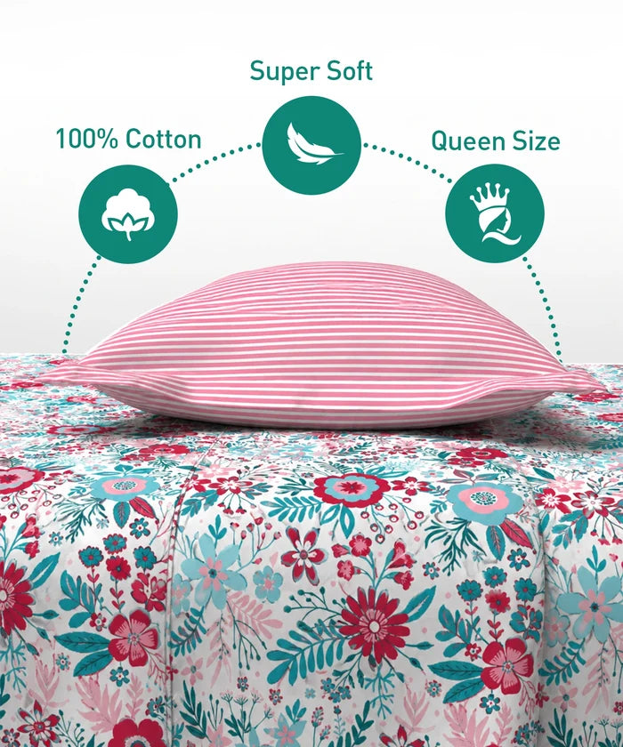 Urban Comfort Queen Bedsheet Set, Gardenia Blooms Pink|144 TC Cotton| 2 Pillow Covers