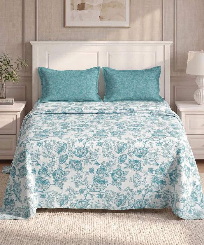 Urban Comfort Queen Bedsheet Set, Juliet Blue |144 TC Cotton| 2 Pillow Covers