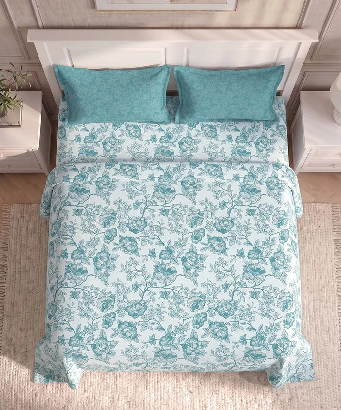 Urban Comfort Queen Bedsheet Set, Juliet Blue |144 TC Cotton| 2 Pillow Covers