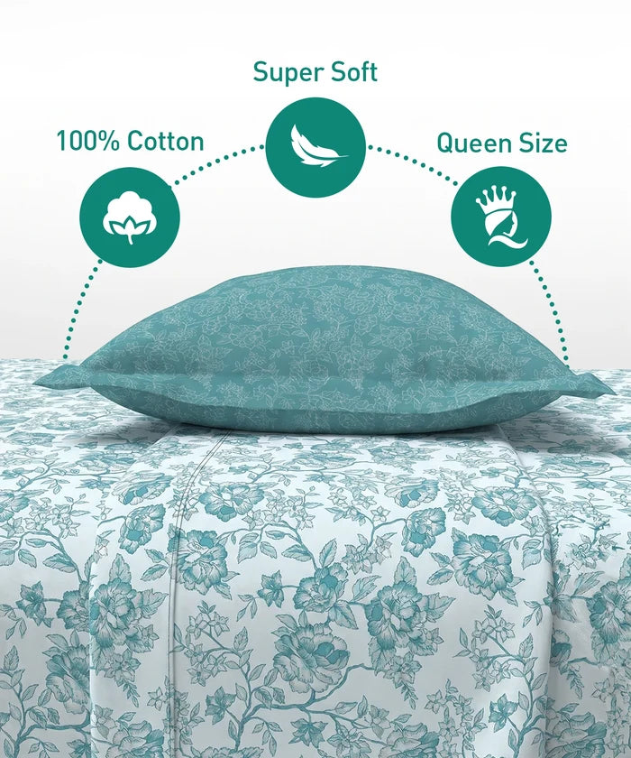 Urban Comfort Queen Bedsheet Set, Juliet Blue |144 TC Cotton| 2 Pillow Covers