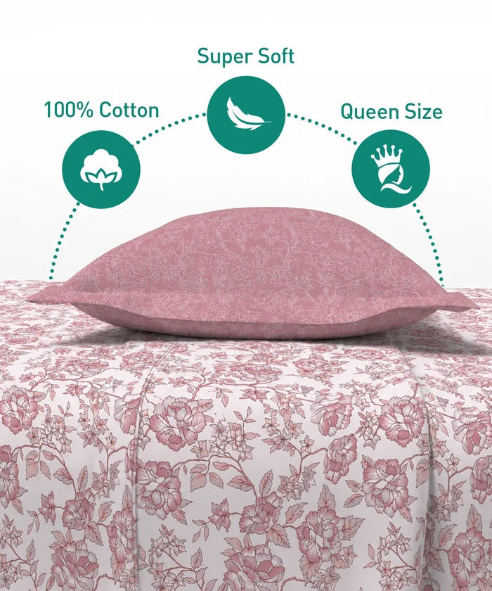 Urban Comfort Queen Bedsheet Set, Juliet Pink |144 TC Cotton| 2 Pillow Covers