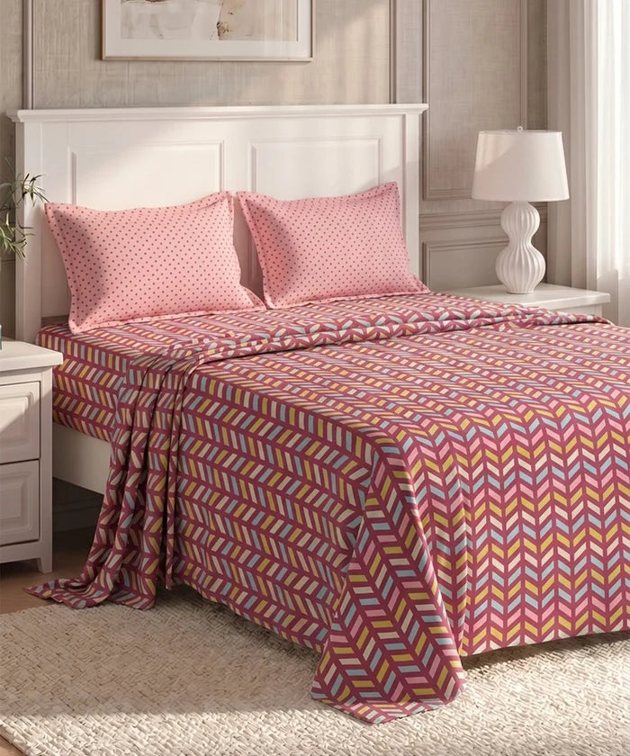 Urban Comfort Queen Bedsheet Set, Party Mood Pink |144 TC Cotton| 2 Pillow Covers