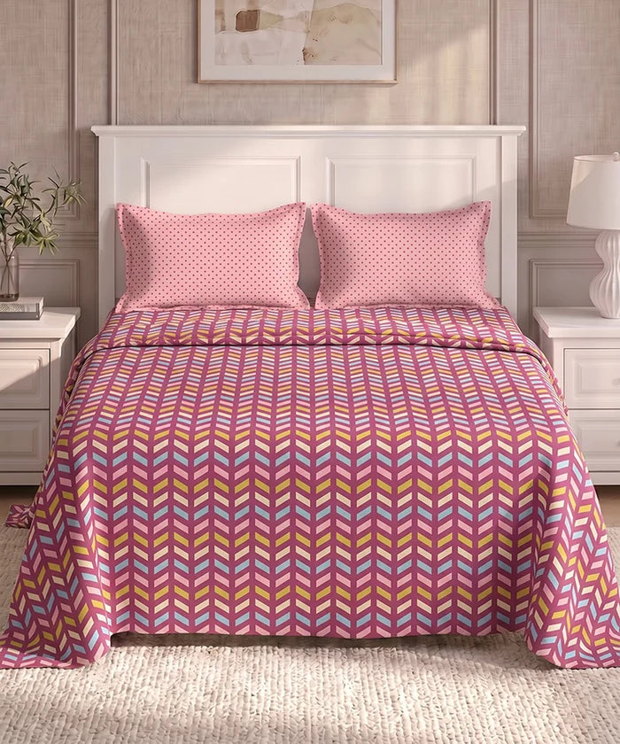 Urban Comfort Queen Bedsheet Set, Party Mood Pink |144 TC Cotton| 2 Pillow Covers