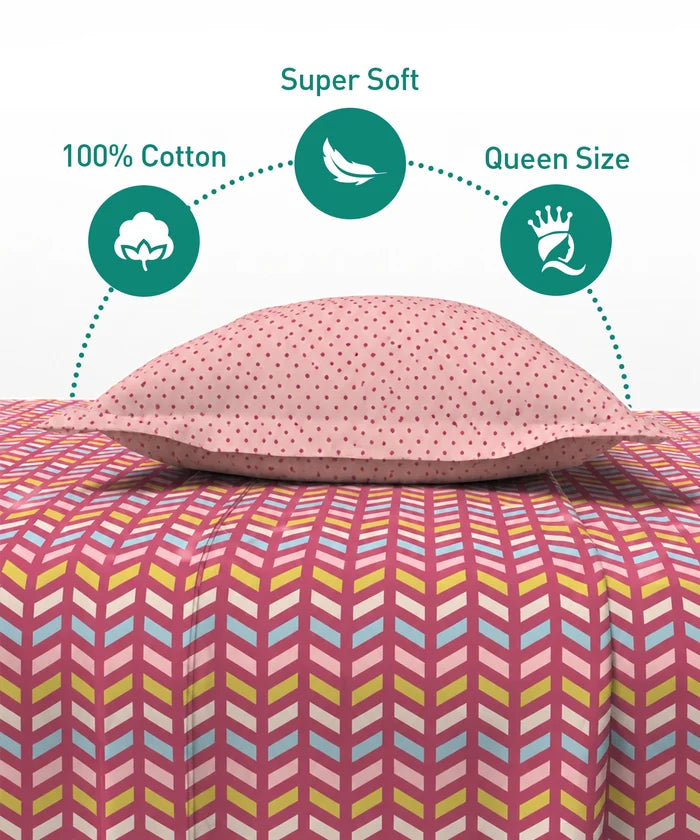 Urban Comfort Queen Bedsheet Set, Party Mood Pink |144 TC Cotton| 2 Pillow Covers