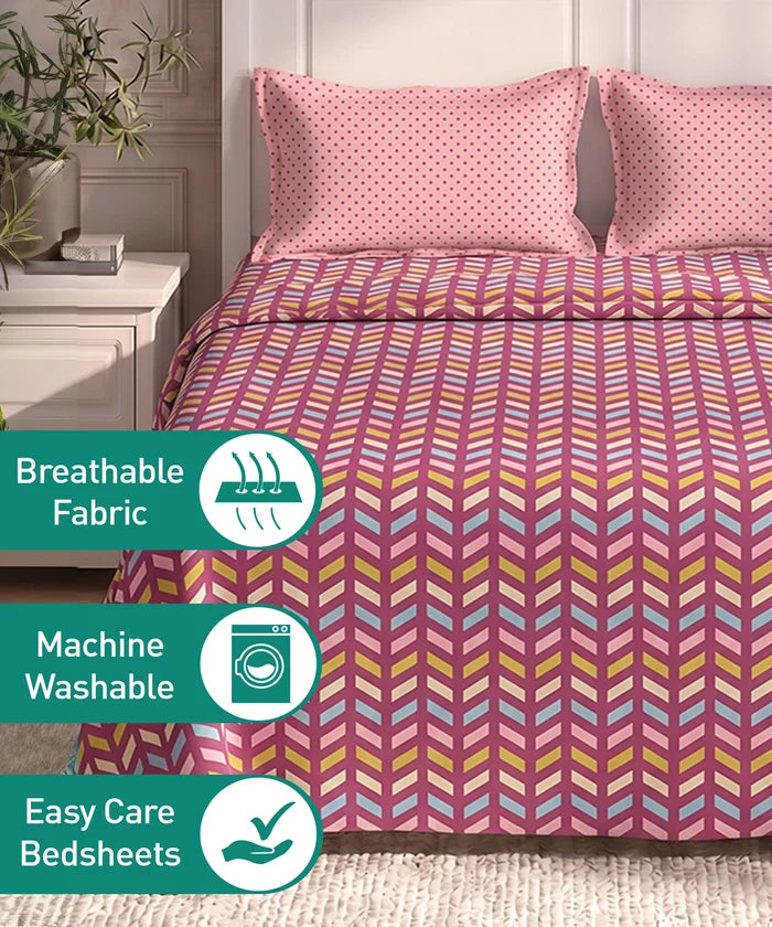 Urban Comfort Queen Bedsheet Set, Party Mood Pink |144 TC Cotton| 2 Pillow Covers