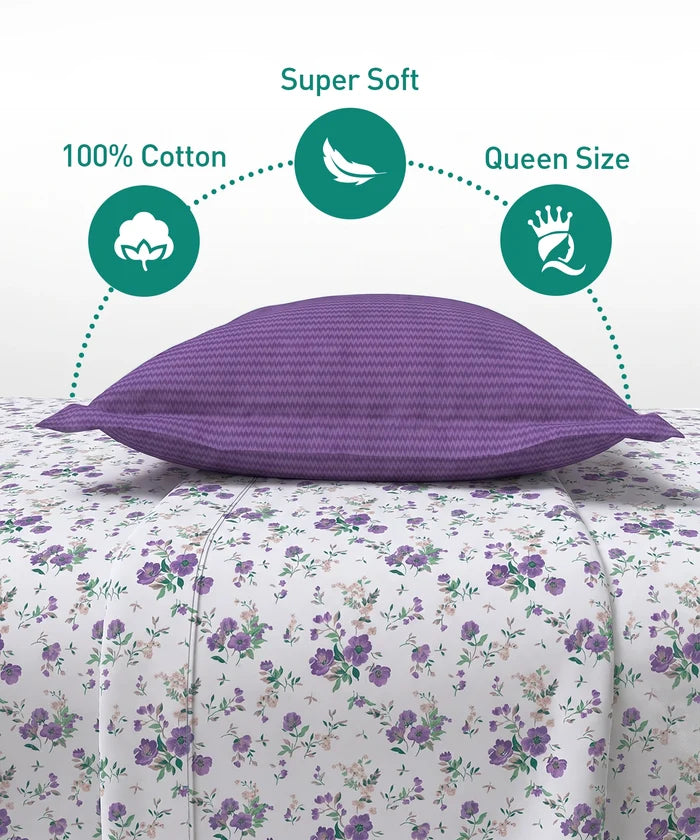 Urban Comfort Queen Bedsheet Set, Sunset Purple |144 TC Cotton| 2 Pillow Covers