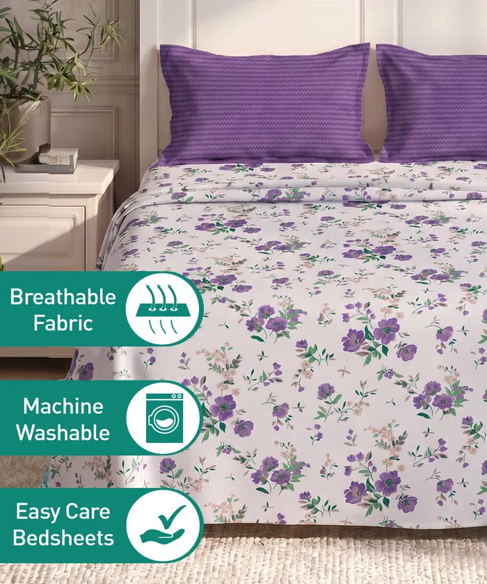 Urban Comfort Queen Bedsheet Set, Sunset Purple |144 TC Cotton| 2 Pillow Covers
