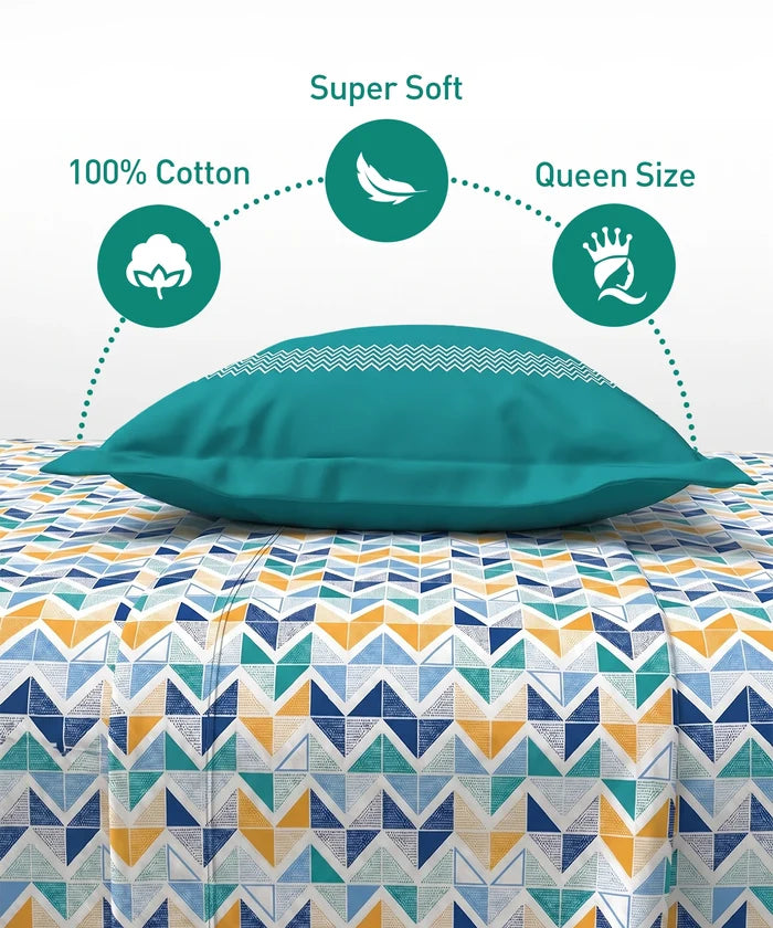 Urban Comfort Queen Bedsheet Set, Trippy Triangles Blue |144 TC Cotton| 2 Pillow Covers