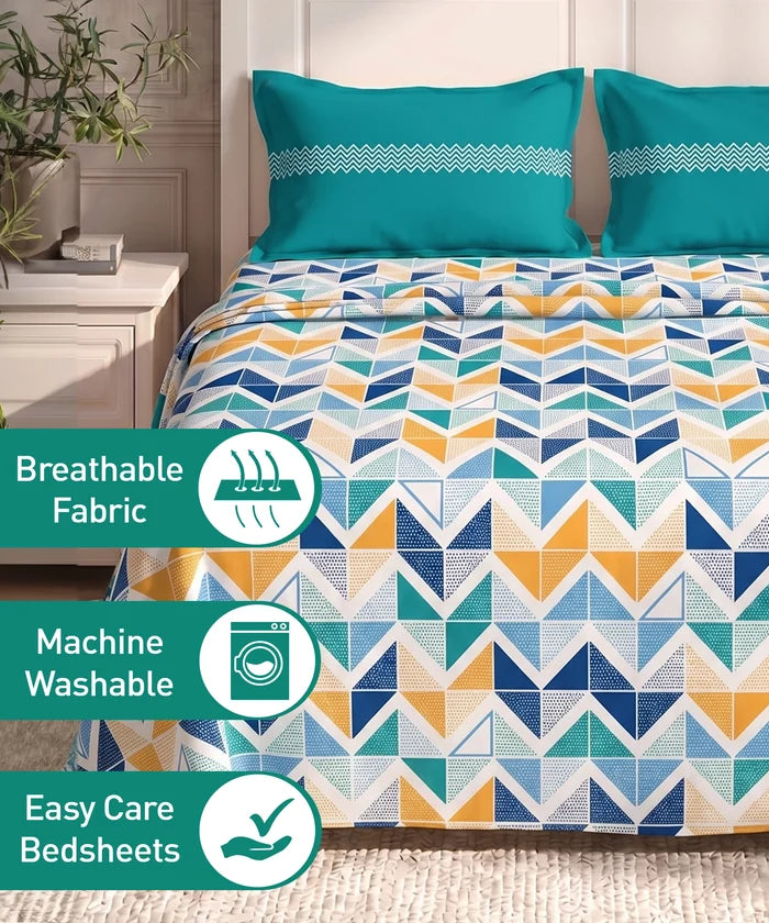 Urban Comfort Queen Bedsheet Set, Trippy Triangles Blue |144 TC Cotton| 2 Pillow Covers