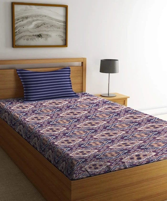 Urban Comfort Single Bedsheet Set, Modern Indigo |144 TC Cotton| 1 Pillow Covers