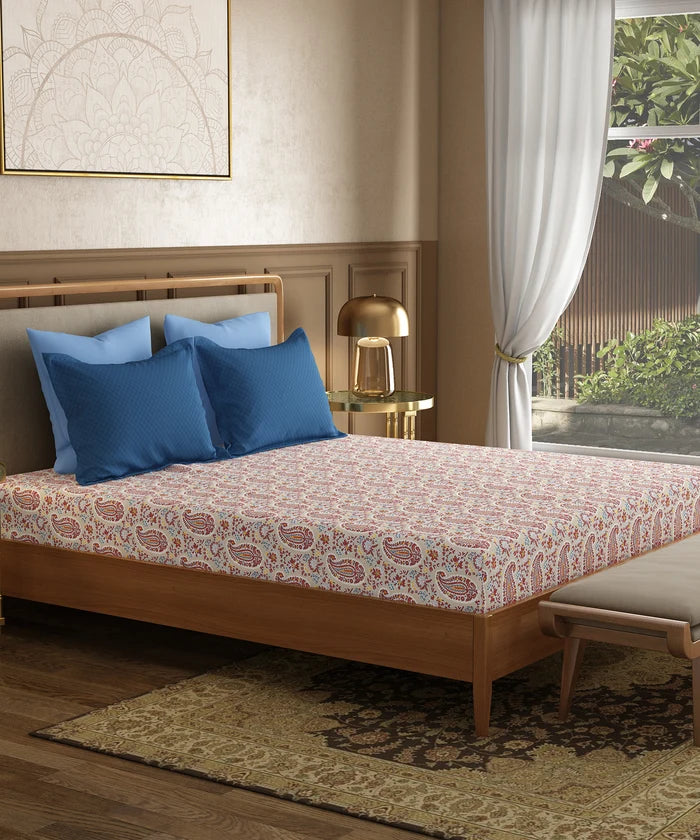 Utsav Printed King Bedsheet Set,  Gulbagh Beige| 120TC Cotton| 2 Pillow Covers