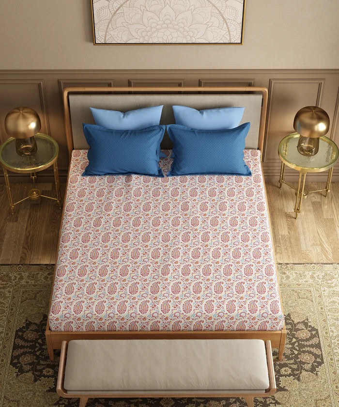 Utsav Printed King Bedsheet Set,  Gulbagh Beige| 120TC Cotton| 2 Pillow Covers