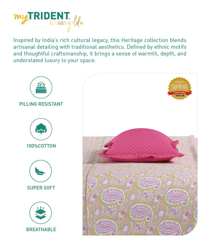 Utsav Printed King Bedsheet Set, Gulbagh Olive| 120TC Cotton| 2 Pillow Covers