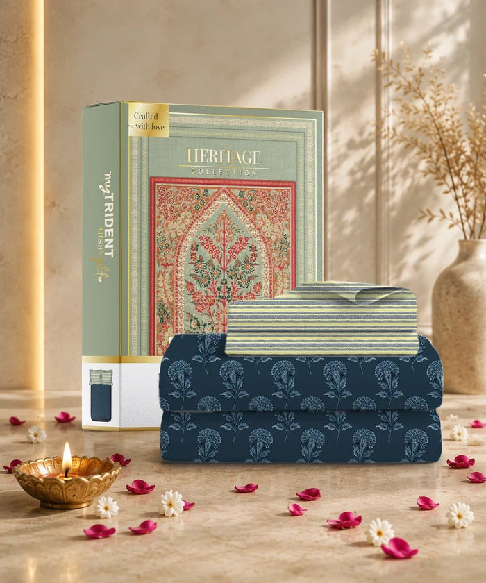Utsav Printed King Bedsheet Set, Gulbahar Blue| 120TC Cotton| 2 Pillow Covers