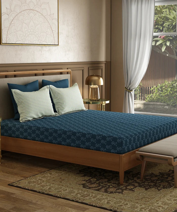 Utsav Printed King Bedsheet Set, Gulbahar Blue| 120TC Cotton| 2 Pillow Covers