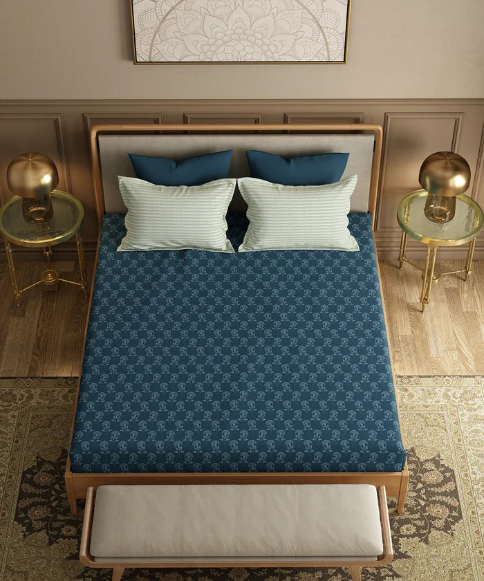 Utsav Printed King Bedsheet Set, Gulbahar Blue| 120TC Cotton| 2 Pillow Covers
