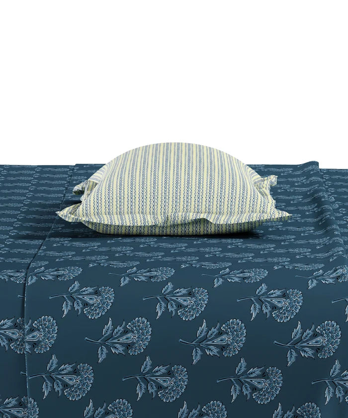 Utsav Printed King Bedsheet Set, Gulbahar Blue| 120TC Cotton| 2 Pillow Covers