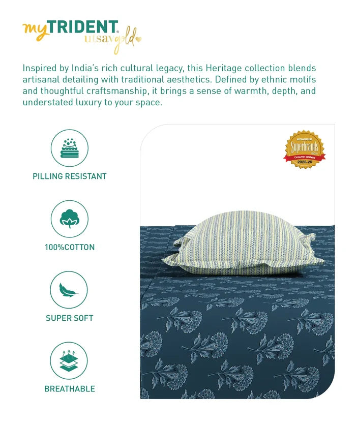 Utsav Printed King Bedsheet Set, Gulbahar Blue| 120TC Cotton| 2 Pillow Covers