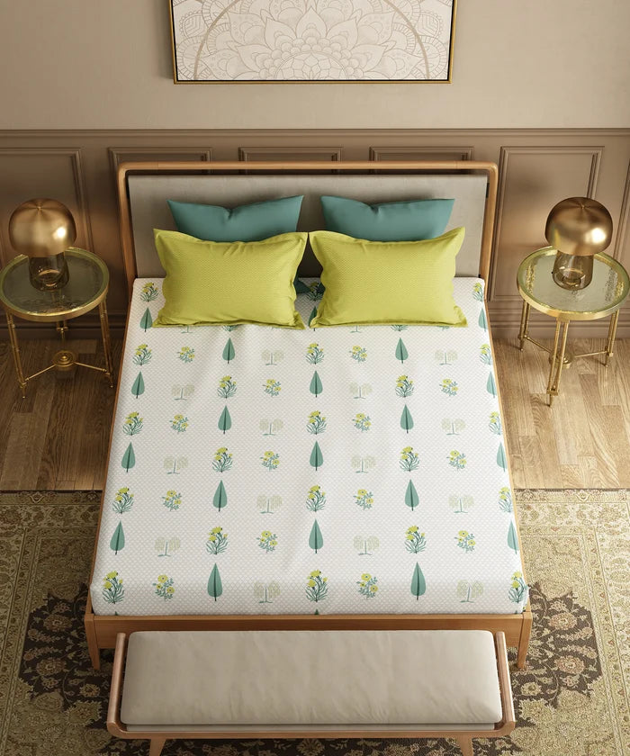 Utsav Printed King Bedsheet Set, Gulchaman Lime| 120TC Cotton| 2 Pillow Covers