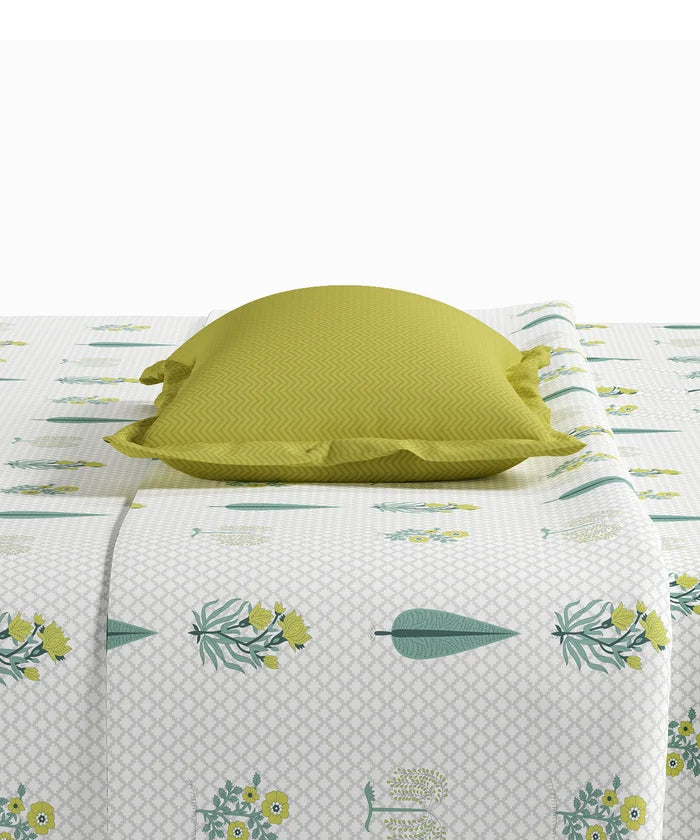 Utsav Printed King Bedsheet Set, Gulchaman Lime| 120TC Cotton| 2 Pillow Covers