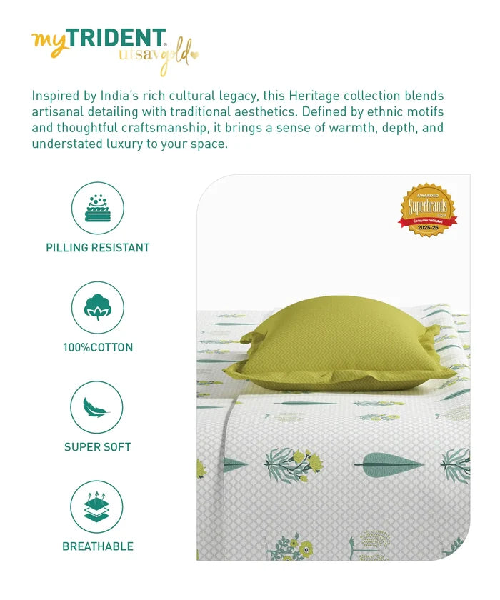 Utsav Printed King Bedsheet Set, Gulchaman Lime| 120TC Cotton| 2 Pillow Covers