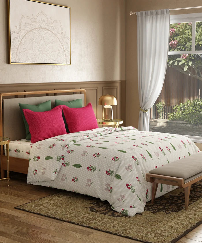 Utsav Printed King Bedsheet Set, Gulchaman Red| 120TC Cotton| 2 Pillow Covers