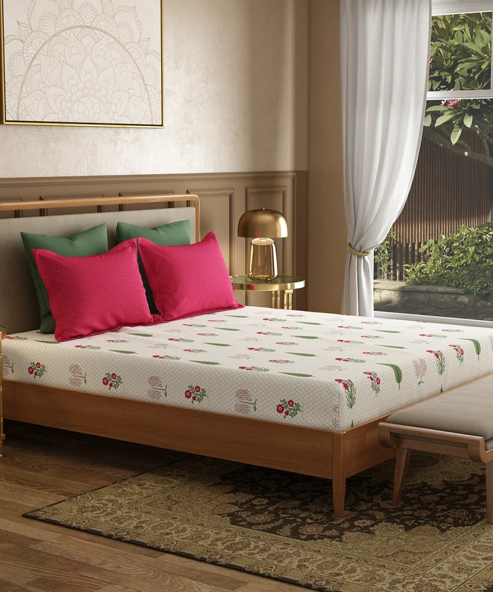Utsav Printed King Bedsheet Set, Gulchaman Red| 120TC Cotton| 2 Pillow Covers