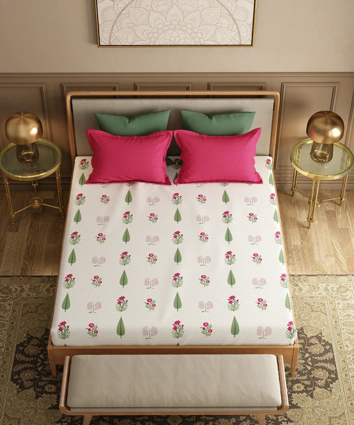 Utsav Printed King Bedsheet Set, Gulchaman Red| 120TC Cotton| 2 Pillow Covers