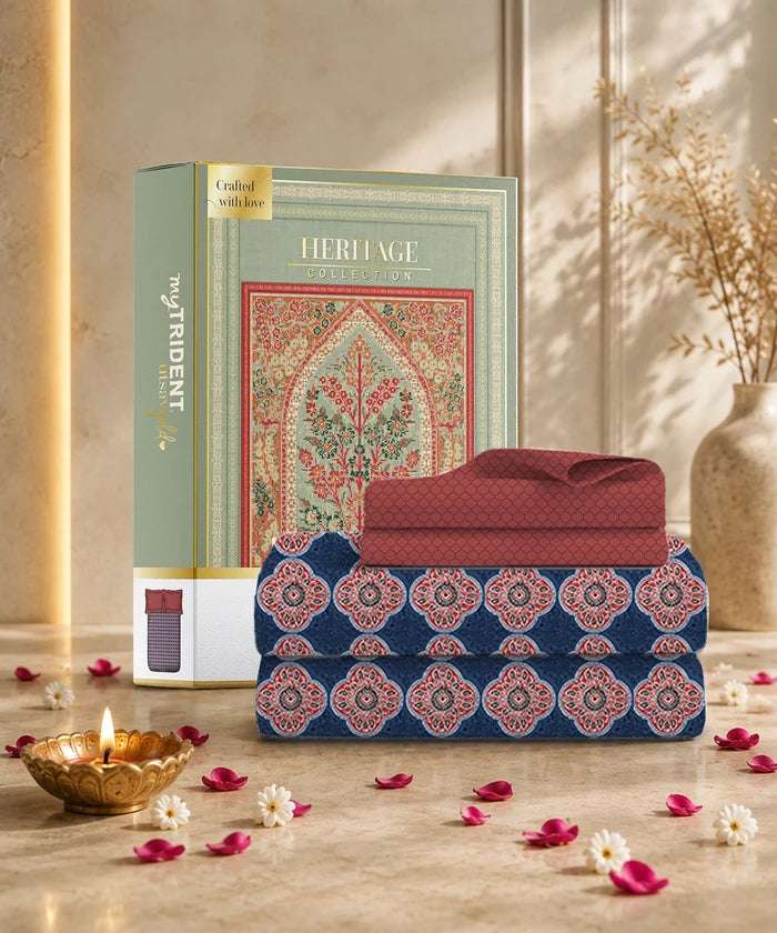 Utsav Printed King Bedsheet Set, Gulnaz Blue| 120TC Cotton| 2 Pillow Covers