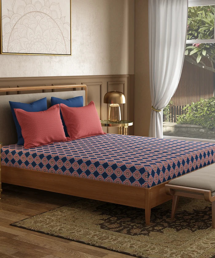 Utsav Printed King Bedsheet Set, Gulnaz Blue| 120TC Cotton| 2 Pillow Covers