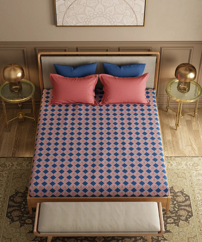 Utsav Printed King Bedsheet Set, Gulnaz Blue| 120TC Cotton| 2 Pillow Covers