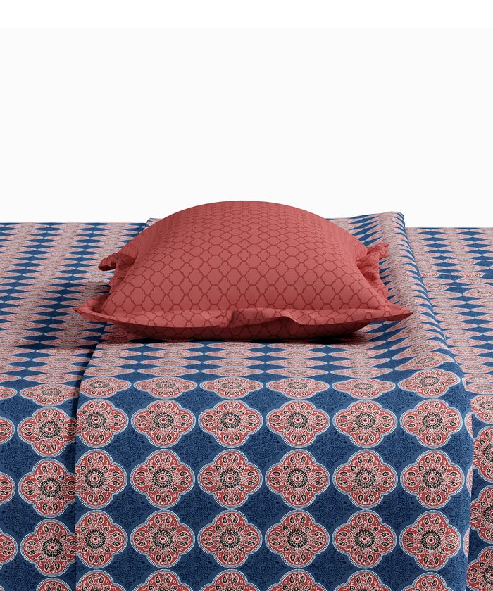 Utsav Printed King Bedsheet Set, Gulnaz Blue| 120TC Cotton| 2 Pillow Covers