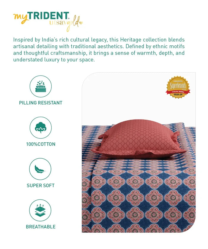 Utsav Printed King Bedsheet Set, Gulnaz Blue| 120TC Cotton| 2 Pillow Covers