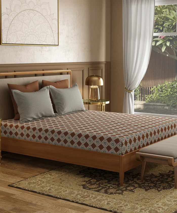 Utsav Printed King Bedsheet Set, Gulnaz Brown| 120TC Cotton| 2 Pillow Covers