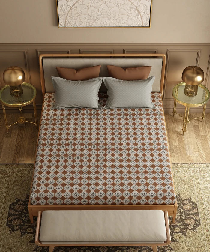 Utsav Printed King Bedsheet Set, Gulnaz Brown| 120TC Cotton| 2 Pillow Covers