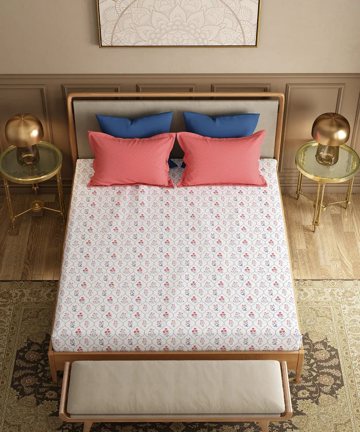 Utsav Printed King Bedsheet Set, Gulnoor Peach| 120TC Cotton| 2 Pillow Covers