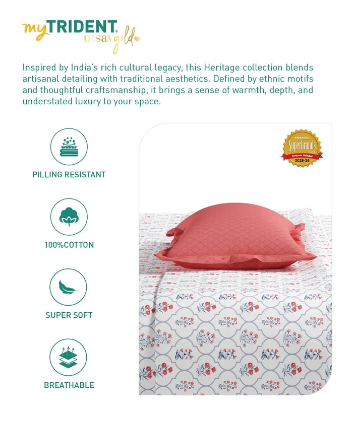 Utsav Printed King Bedsheet Set, Gulnoor Peach| 120TC Cotton| 2 Pillow Covers