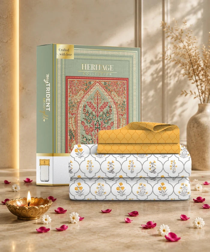 Utsav Printed King Bedsheet Set, Gulnoor Yellow| 120TC Cotton| 2 Pillow Covers