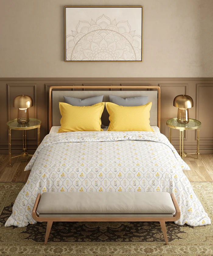 Utsav Printed King Bedsheet Set, Gulnoor Yellow| 120TC Cotton| 2 Pillow Covers