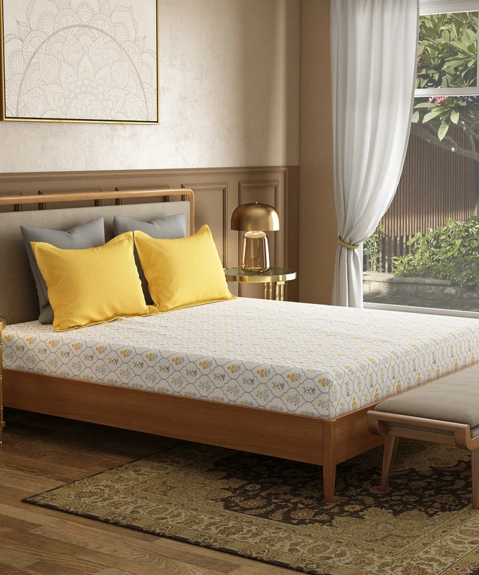 Utsav Printed King Bedsheet Set, Gulnoor Yellow| 120TC Cotton| 2 Pillow Covers